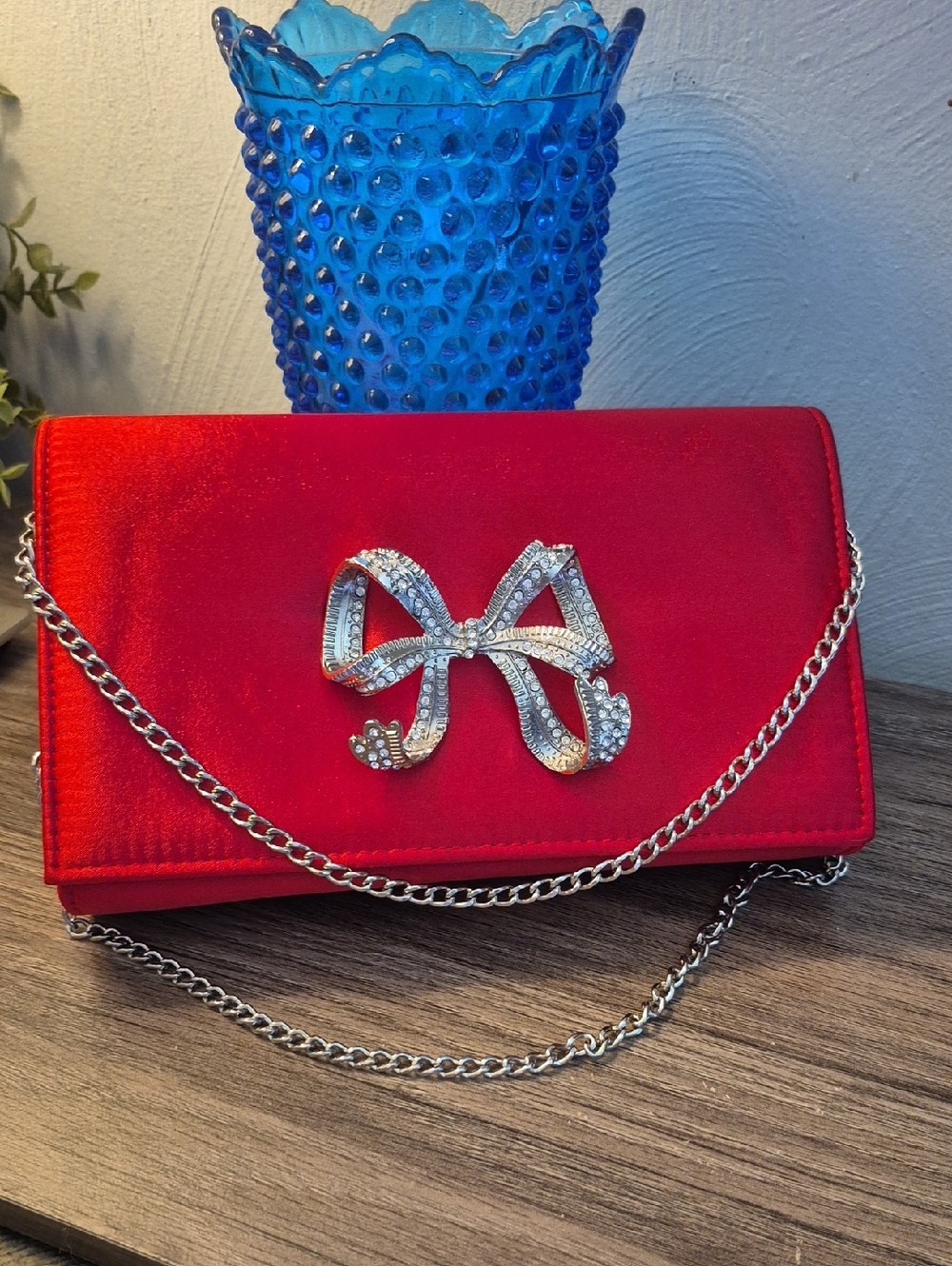 Red Satin Evening Clutch with Crystal Rhinestone Bow Accent